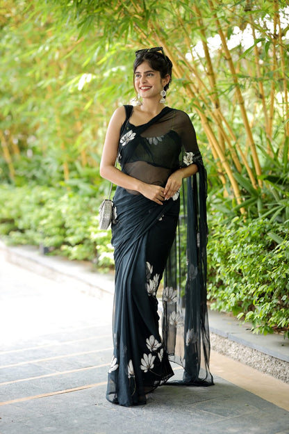 Tempting 1-Minute Ready To Wear Black Georgette Saree