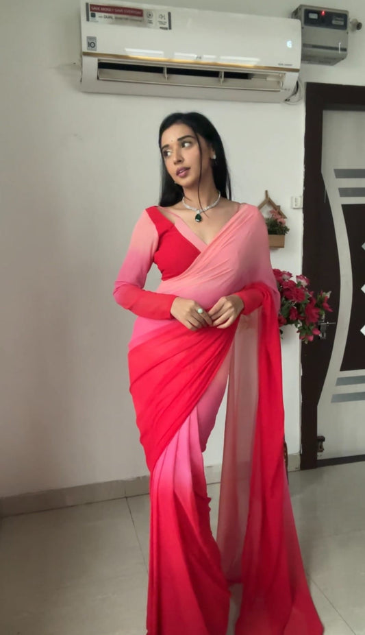 Trendy Stunning 1-Minute Ready To Wear Pink And Red Georgette Saree