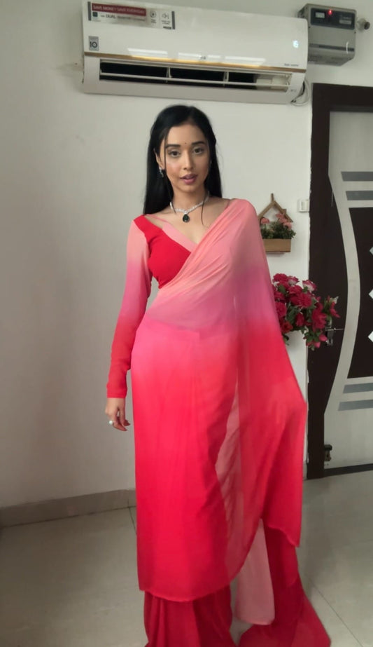 Trendy Stunning 1-Minute Ready To Wear Pink And Red Georgette Saree