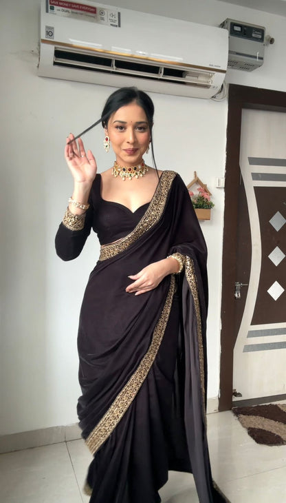 Supernal Black 1 Minute Ready To Wear Velvet Saree With Blouse Piece