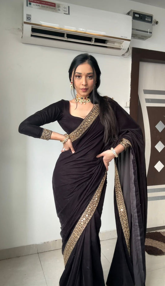 Supernal Black 1 Minute Ready To Wear Velvet Saree With Blouse Piece
