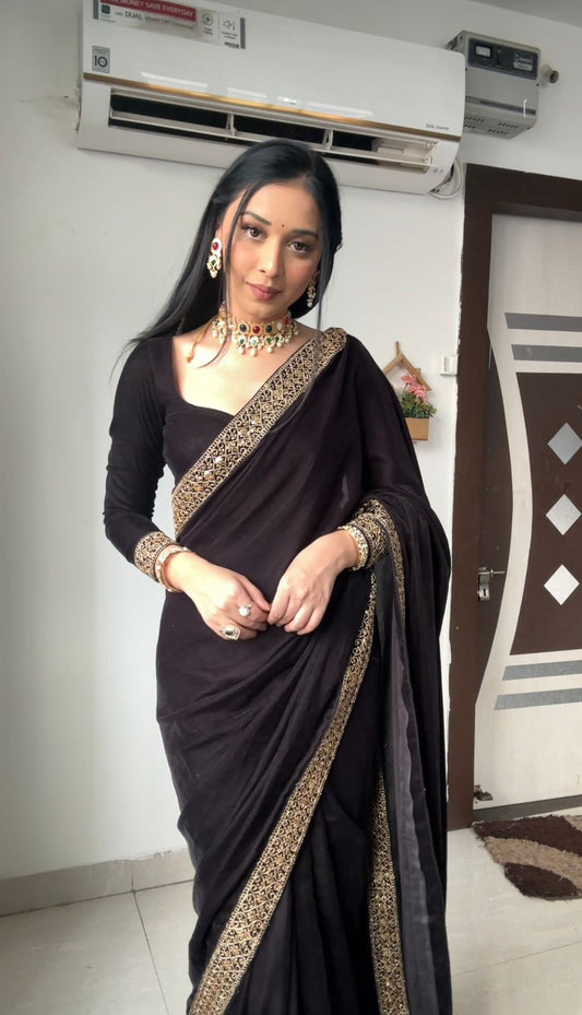 Supernal Black 1 Minute Ready To Wear Velvet Saree With Blouse Piece