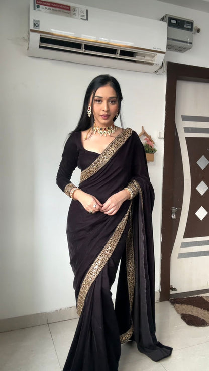 Supernal Black 1 Minute Ready To Wear Velvet Saree With Blouse Piece