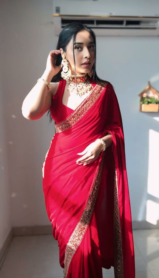 Winsome Red 1 Minute Ready To Wear Velvet Saree With Blouse Piece