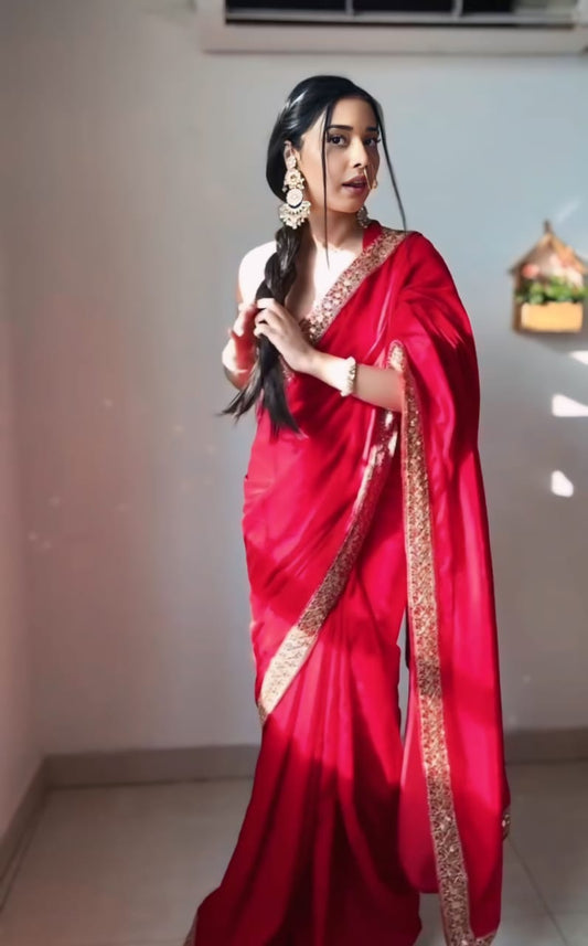 Winsome Red 1 Minute Ready To Wear Velvet Saree With Blouse Piece