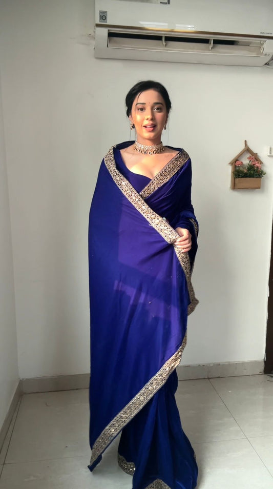 Whimsical Royal Blue 1 Minute Ready To Wear Velvet Saree With Blouse Piece