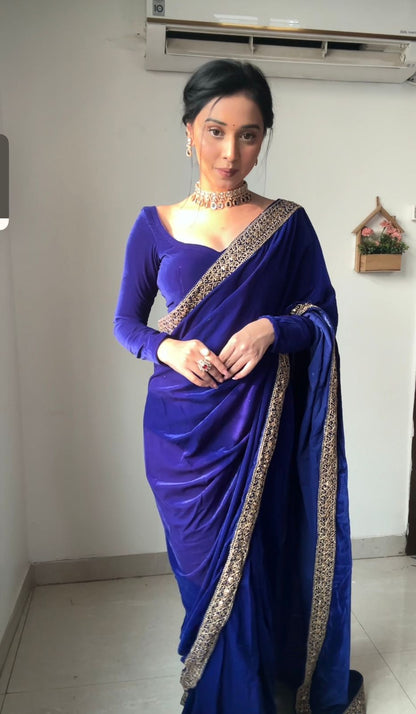 Whimsical Royal Blue 1 Minute Ready To Wear Velvet Saree With Blouse Piece
