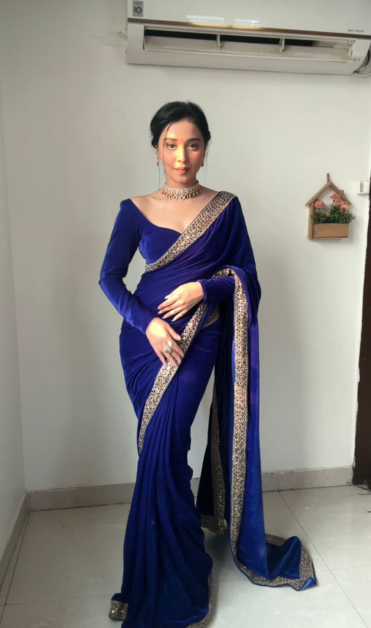 Whimsical Royal Blue 1 Minute Ready To Wear Velvet Saree With Blouse Piece