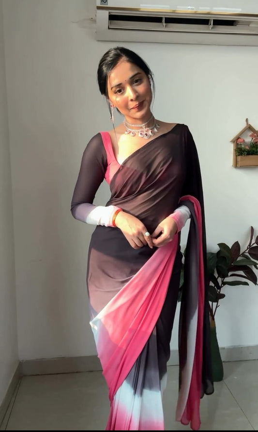 Resplendent 1-Minute Ready To Wear Black and Pink Georgette Saree