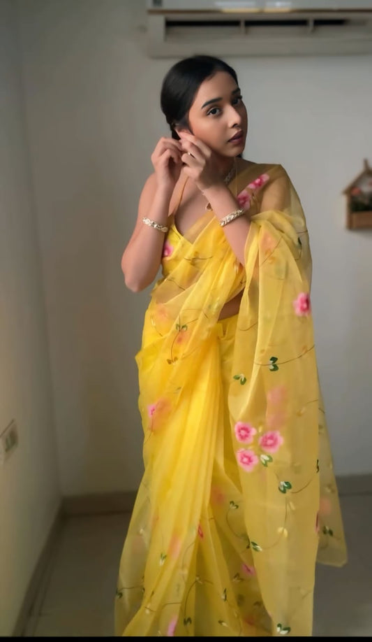 Glamorous 1-Minute Ready To Wear Yellow Organza Silk Saree