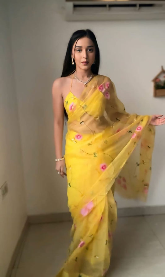 Glamorous 1-Minute Ready To Wear Yellow Organza Silk Saree