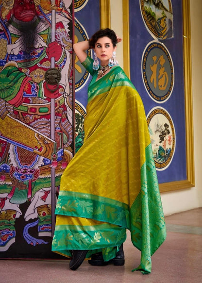 Majesty Yellow Soft Banarasi Silk Saree With Angelic Blouse Piece