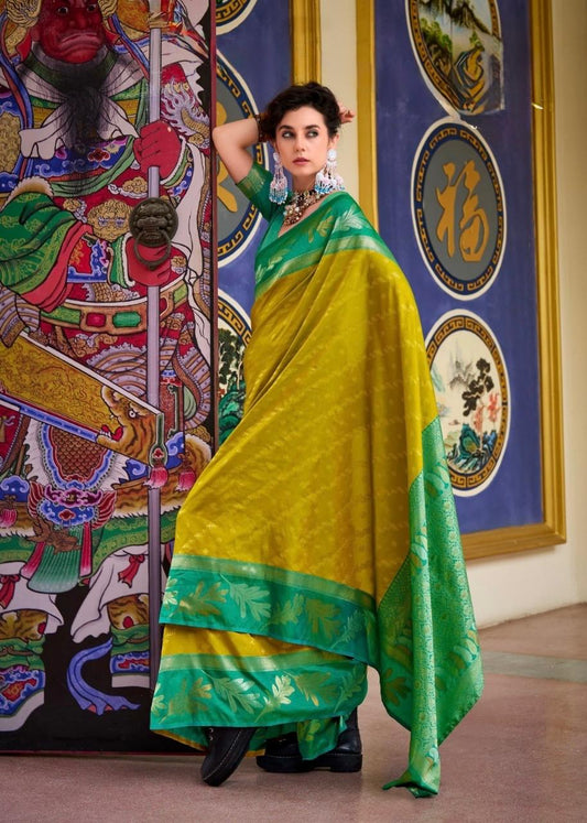 Majesty Yellow Soft Banarasi Silk Saree With Angelic Blouse Piece