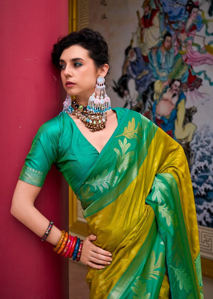 Majesty Yellow Soft Banarasi Silk Saree With Angelic Blouse Piece