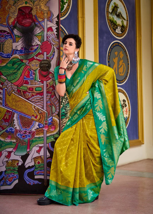 Majesty Yellow Soft Banarasi Silk Saree With Angelic Blouse Piece