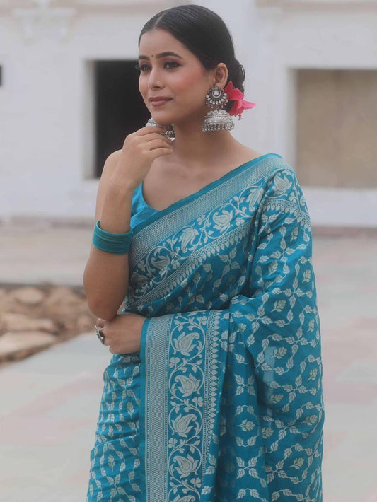 Unique Firozi Soft Banarasi Silk Saree With Awesome Blouse Piece
