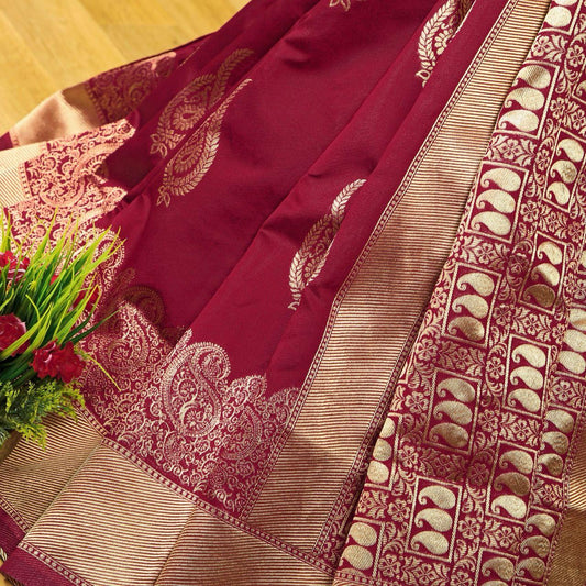 Unique Wine Soft Silk Saree With Wonderful Blouse Piece