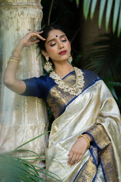 Marvellous Beige And Blue Soft Silk Saree With Outstanding Blouse Piece