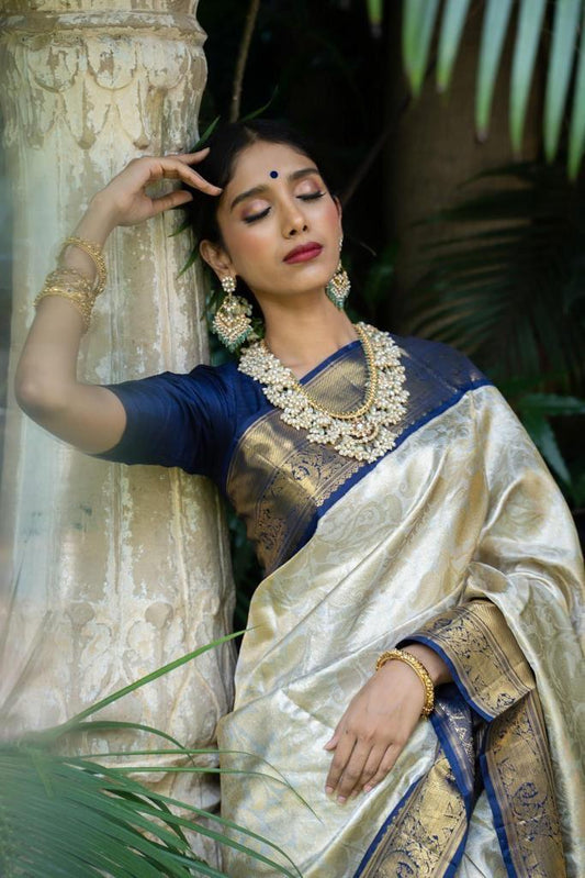 Marvellous Beige And Blue Soft Silk Saree With Outstanding Blouse Piece