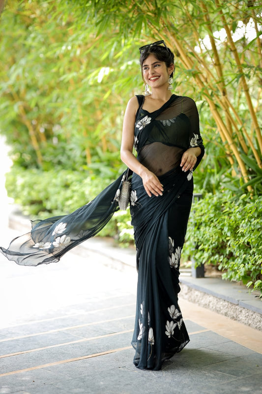 Tempting 1-Minute Ready To Wear Black Georgette Saree