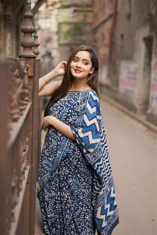 Ephemeral 1-Minute Ready To Wear Blue Cotton Saree