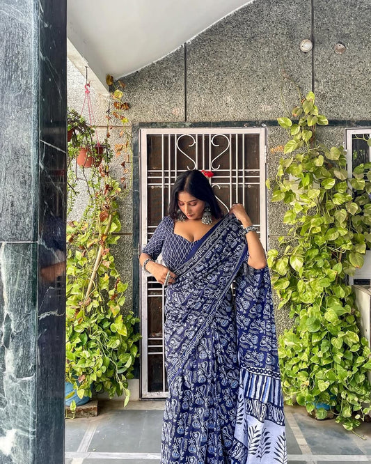 Beautiful 1-Minute Ready To Wear Blue Cotton Saree