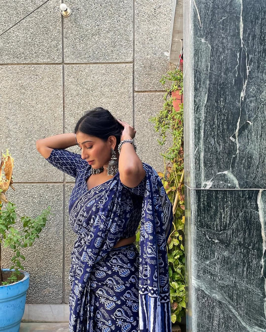 Beautiful 1-Minute Ready To Wear Blue Cotton Saree
