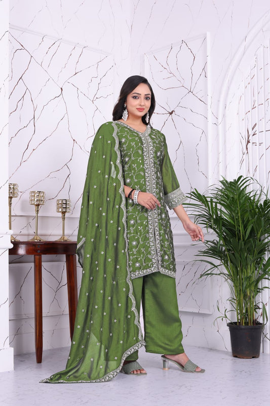Olive Green Embroidered  silk Plazo  Suit Set with Dupatta