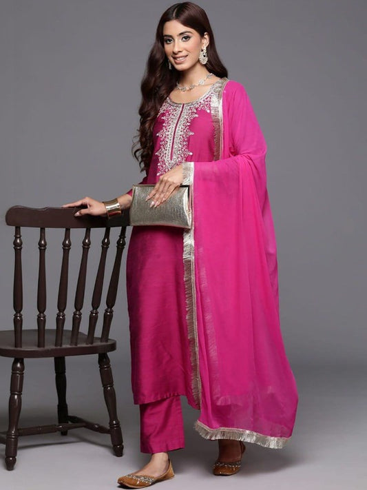 Fuchsia Pink Embroidered Silk Kurta Set with Fringe Dupatta