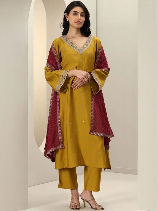 Mustard Embroidered Kurta Set with Contrasting Maroon Dupatta
