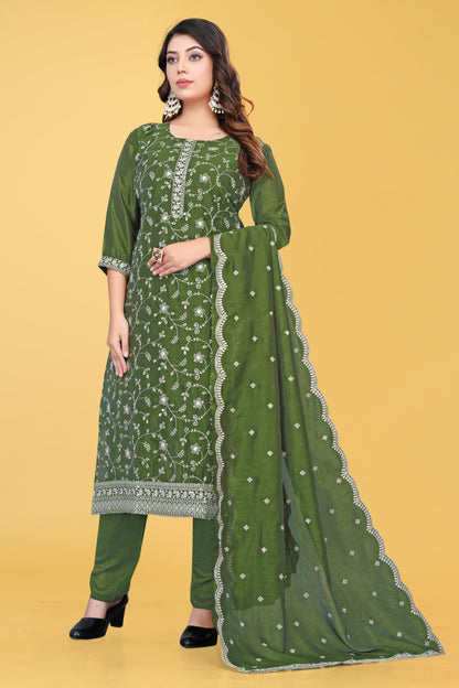 Elegant Olive Green Embroidered  Salwar Suit Set