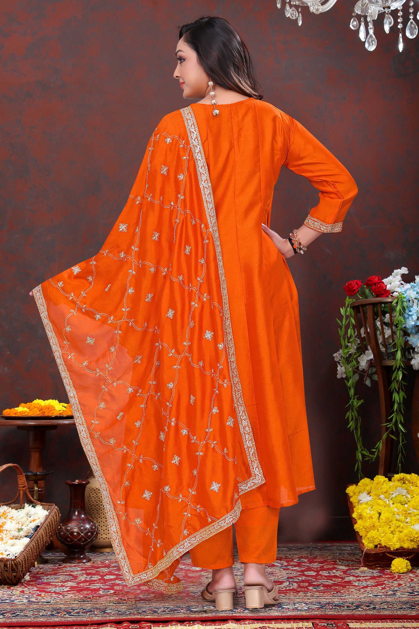 Elegant Orange Embroidered Silk Anarkali Suit Set Women