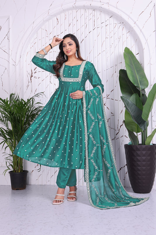 Emerald Green Embroidered Anarkali Silk Suit Set with Dupatta