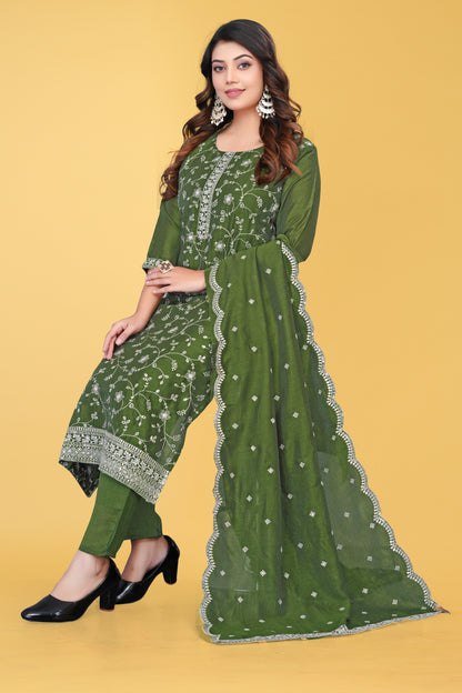Elegant Olive Green Embroidered  Salwar Suit Set