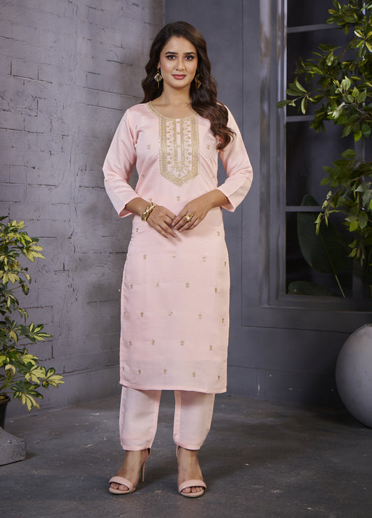Stunning Women Peach Motif  Embroidered Kurta  with Dupatta Set