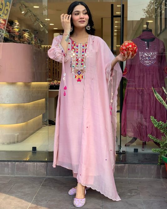 Pink Embroidered Chanderi Salwar Kameez With Dupatta