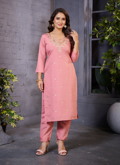 GleamingWomen Embroidered Regular Thread Work Kurta with Trousers