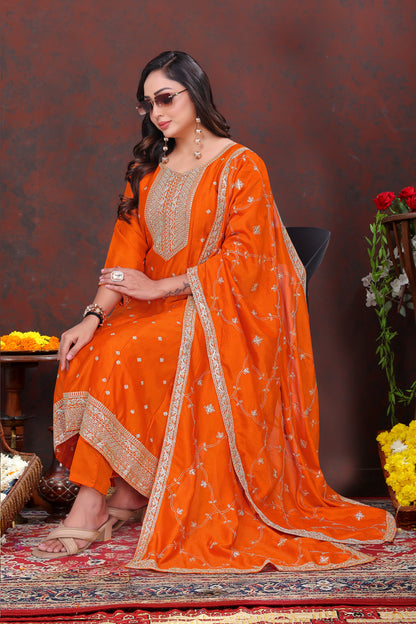 Elegant Orange Embroidered Silk Anarkali Suit Set Women
