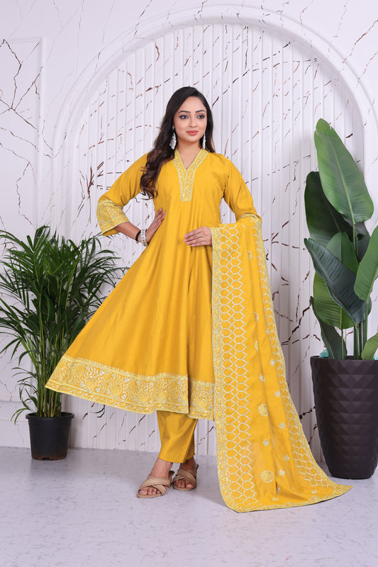 Mustard Yellow Embroidered Anarkali  Suit Set with Dupatta