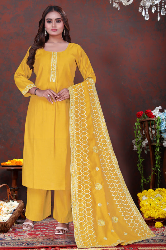 Elegant Mustard Yellow Silk Blend Salwar Suit Set with Embroidered Dupatta