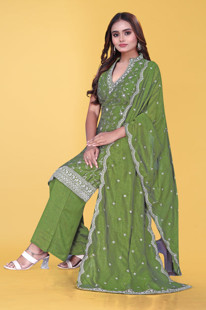 Elegant Olive Green Embroidered Sleeveless Salwar Suit Set