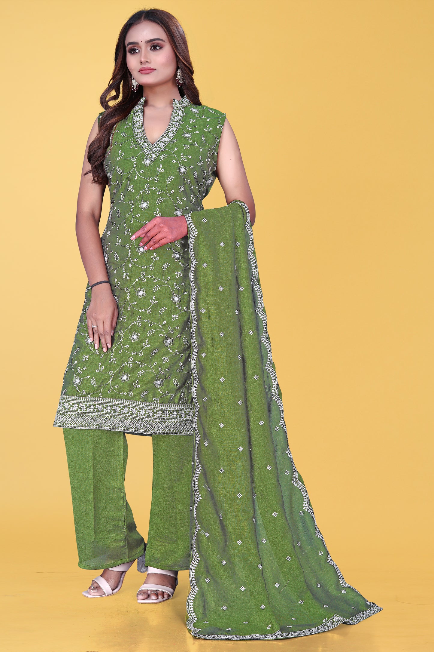 Elegant Olive Green Embroidered Sleeveless Salwar Suit Set