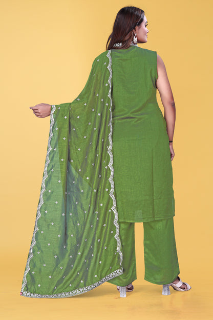 Elegant Olive Green Embroidered Sleeveless Salwar Suit Set