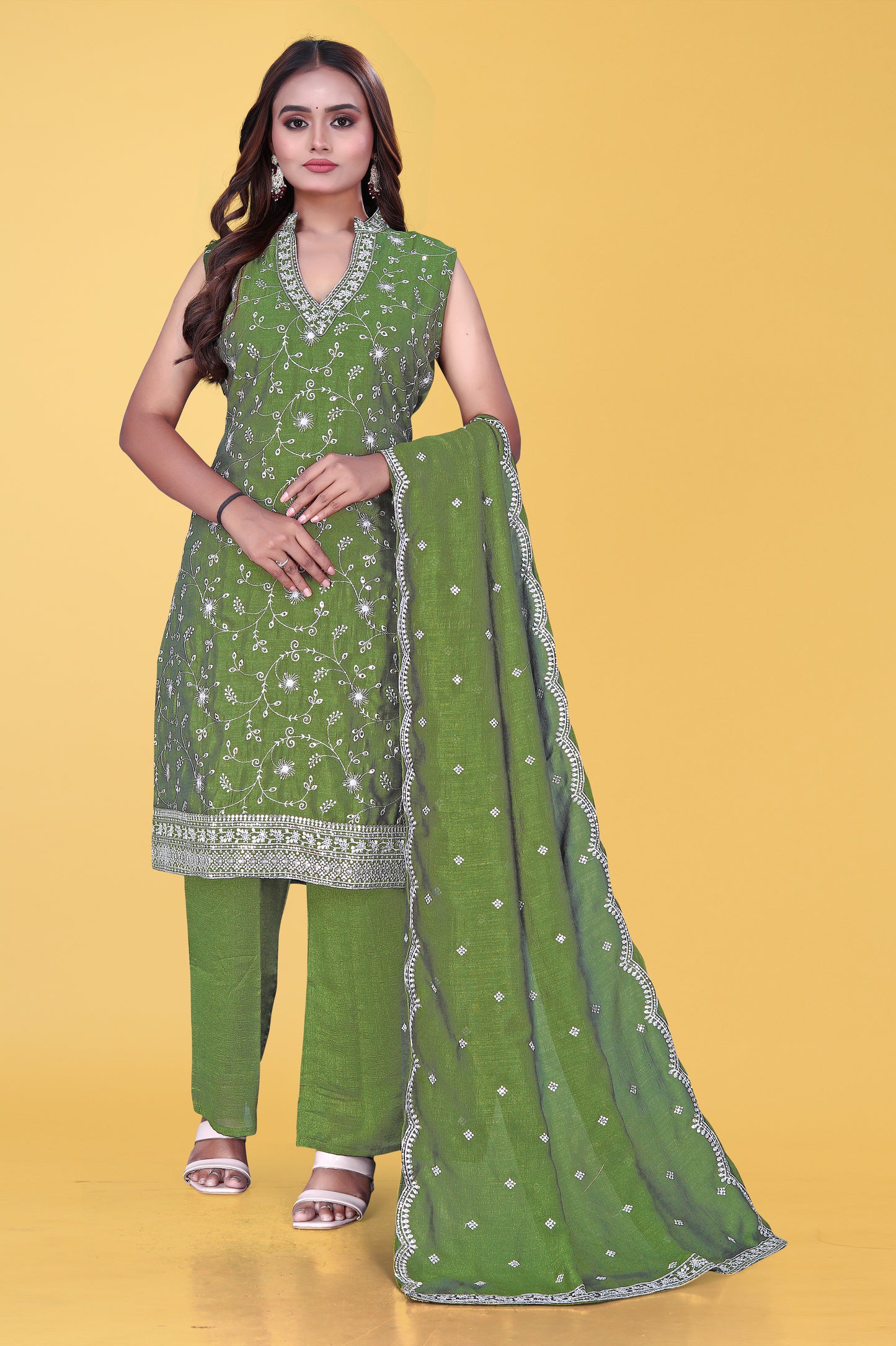 Elegant Olive Green Embroidered Sleeveless Salwar Suit Set