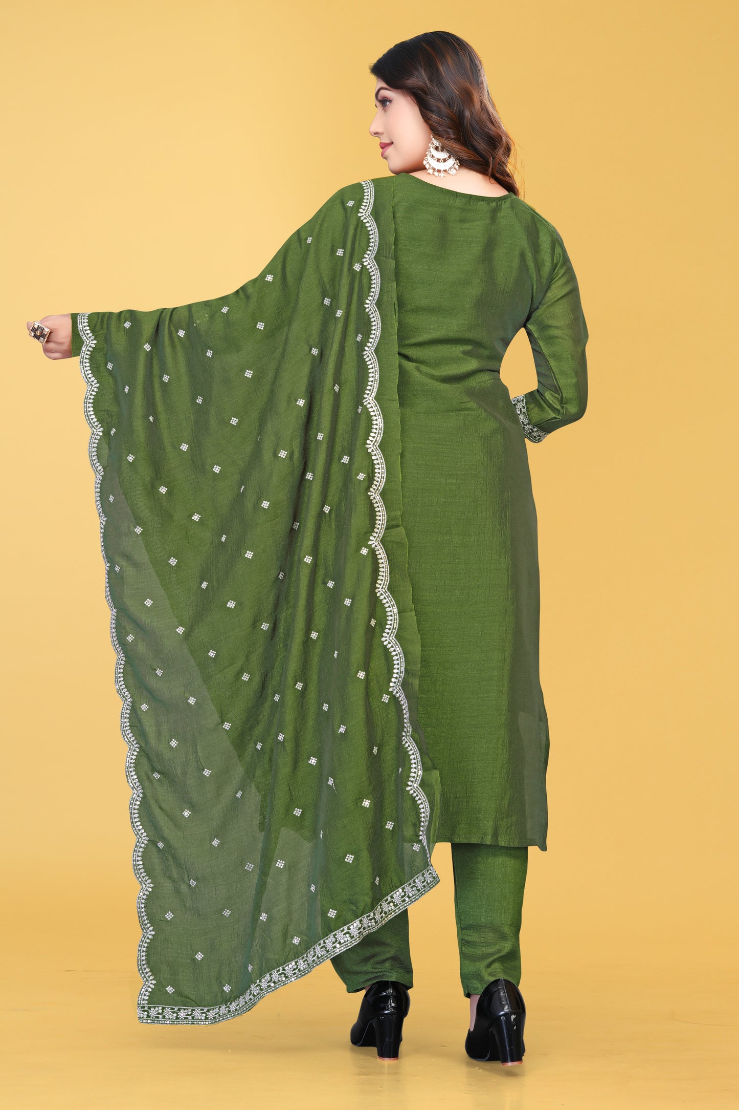 Elegant Olive Green Embroidered  Salwar Suit Set