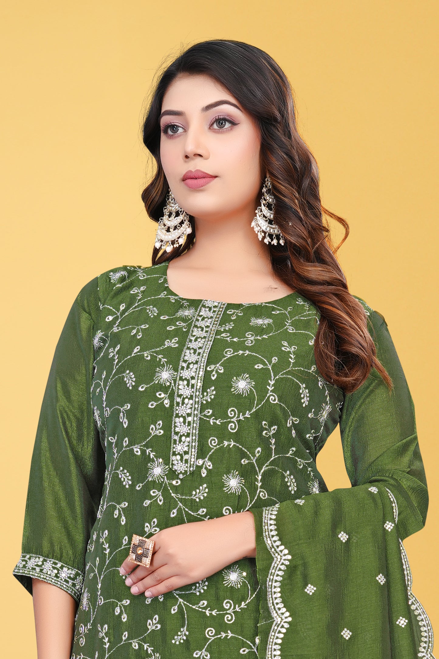 Elegant Olive Green Embroidered  Salwar Suit Set