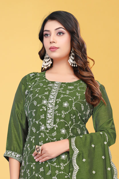 Elegant Olive Green Embroidered  Salwar Suit Set