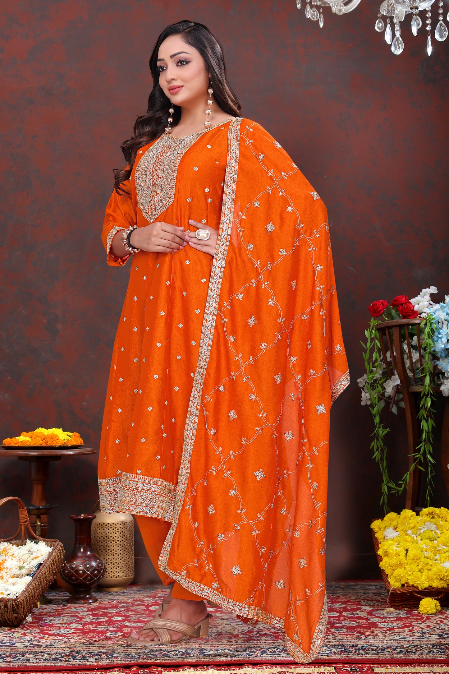Elegant Orange Embroidered Silk Anarkali Suit Set Women