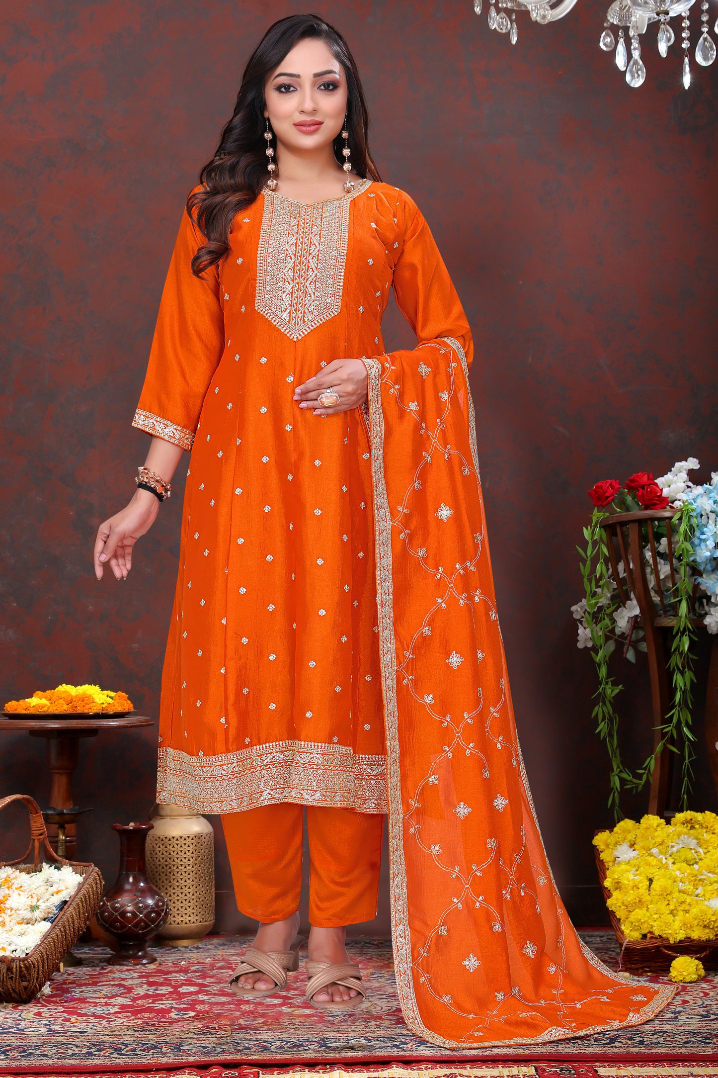 Elegant Orange Embroidered Silk Anarkali Suit Set Women