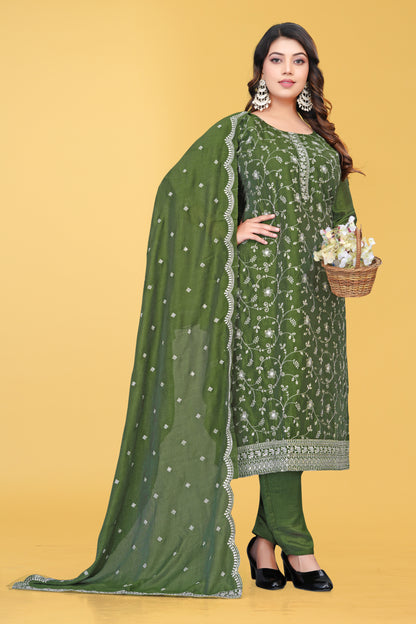 Elegant Olive Green Embroidered  Salwar Suit Set